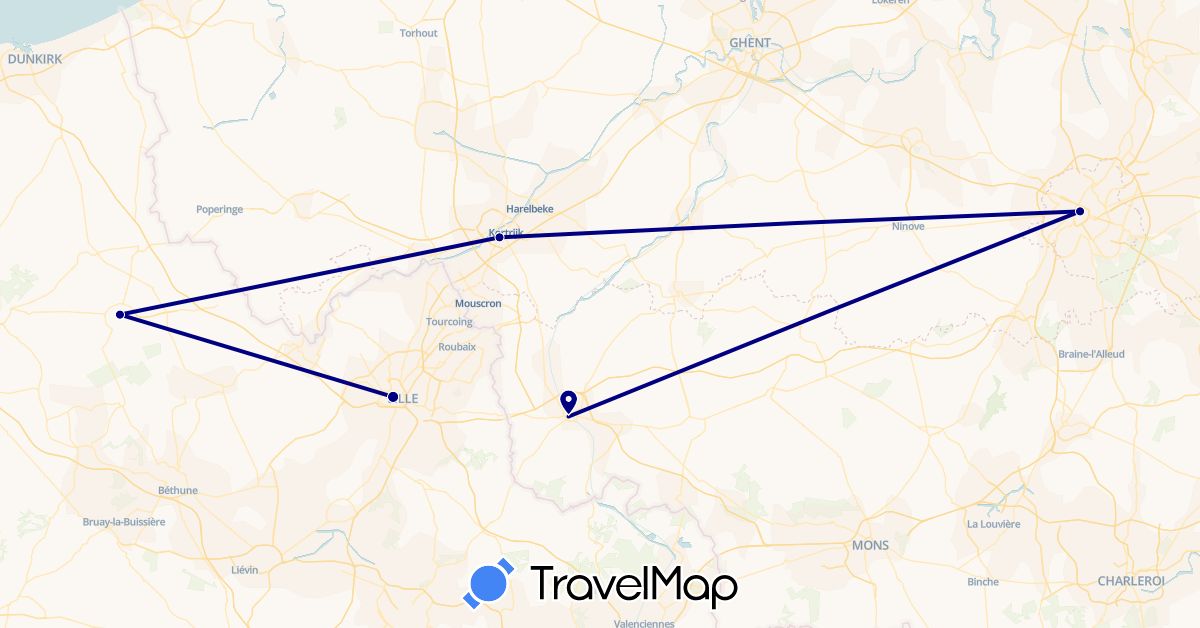 TravelMap itinerary: driving in Belgium, France (Europe)